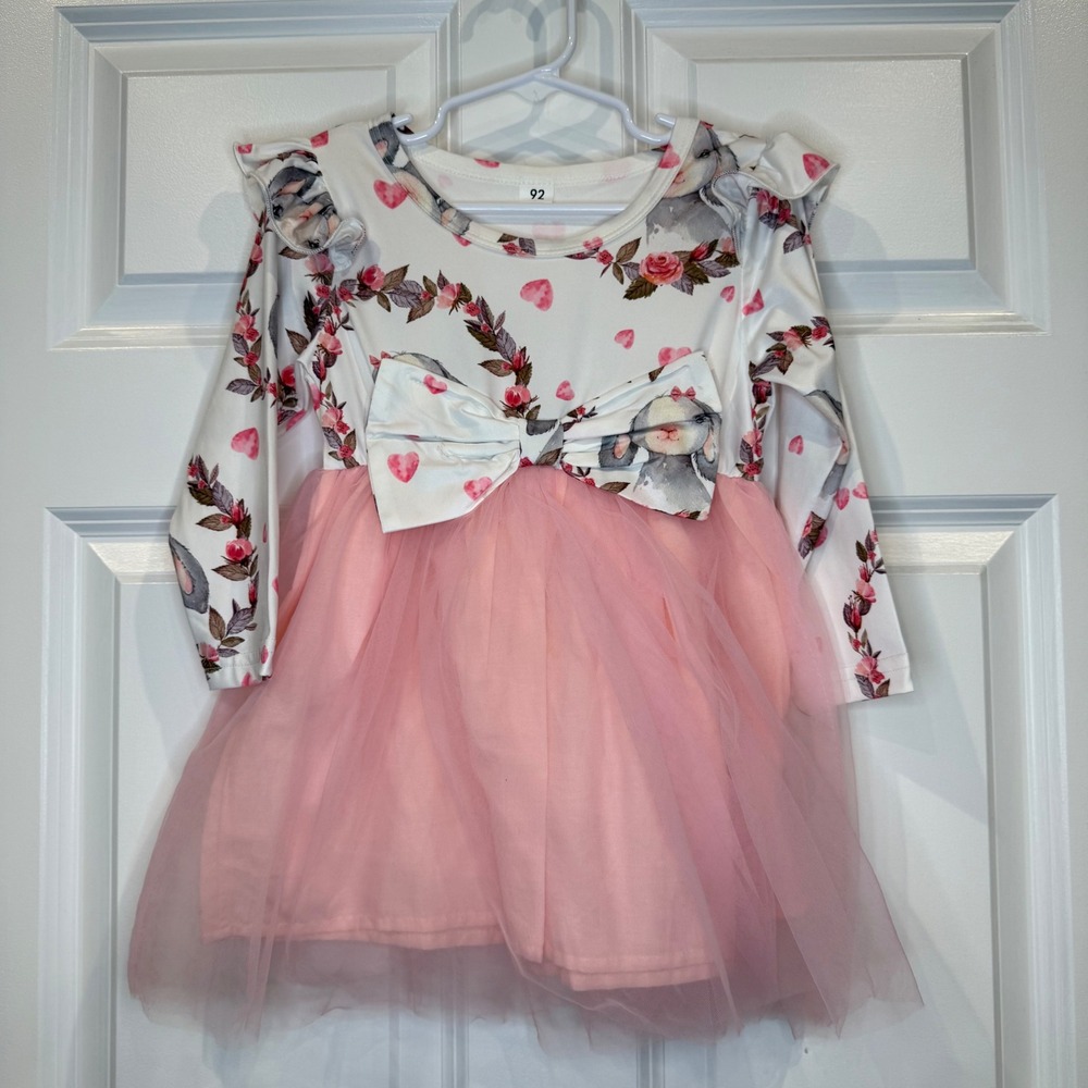 Toddler Girls Bunny Floral Tulle Tutu Dress Pink White Long Sleeve Size 2T